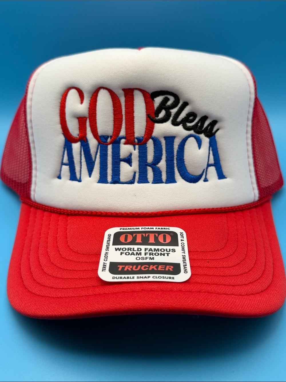 Retro Patriotic Embroidered Trucker Hat Otto God Bless America USA Snapback Lake